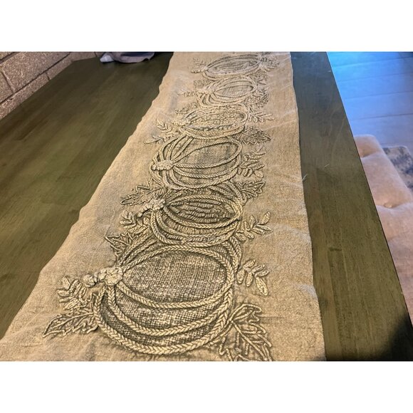 Rachel Ashwell The Farmhouse Embroidered Pumpkin Linen Table Runner 90" Long - Picture 1 of 5